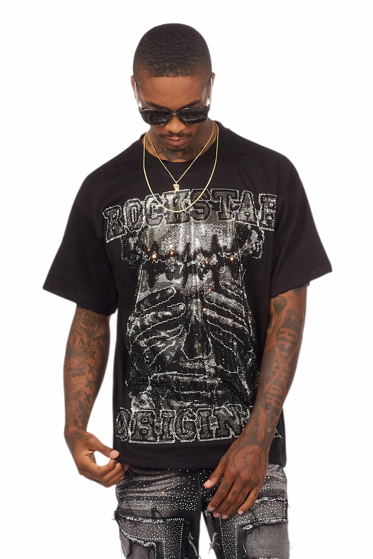 Aithan Black/Grey Graphic Rhinestone T-Shirt