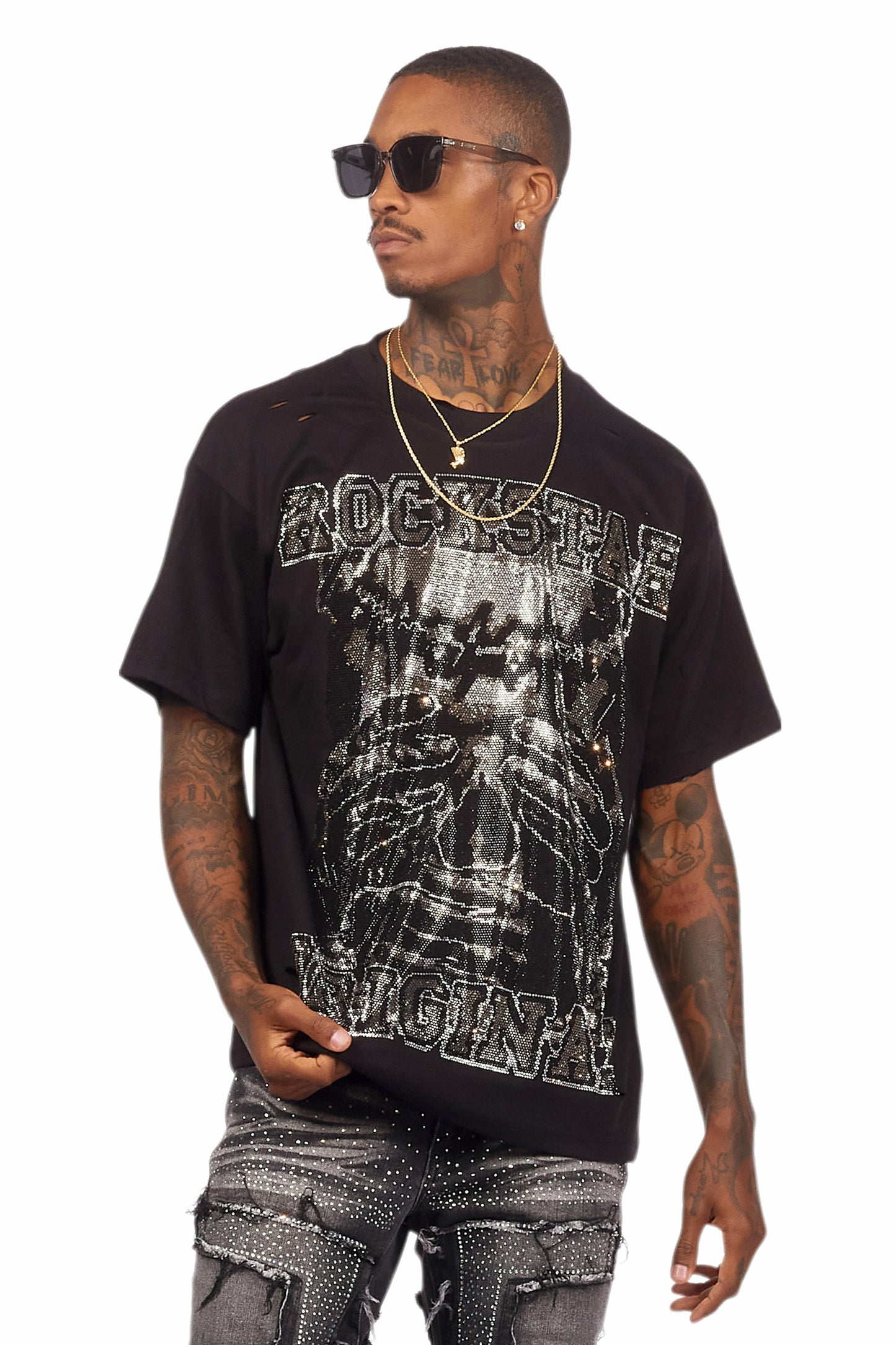 Aithan Black/Grey Graphic Rhinestone T-Shirt