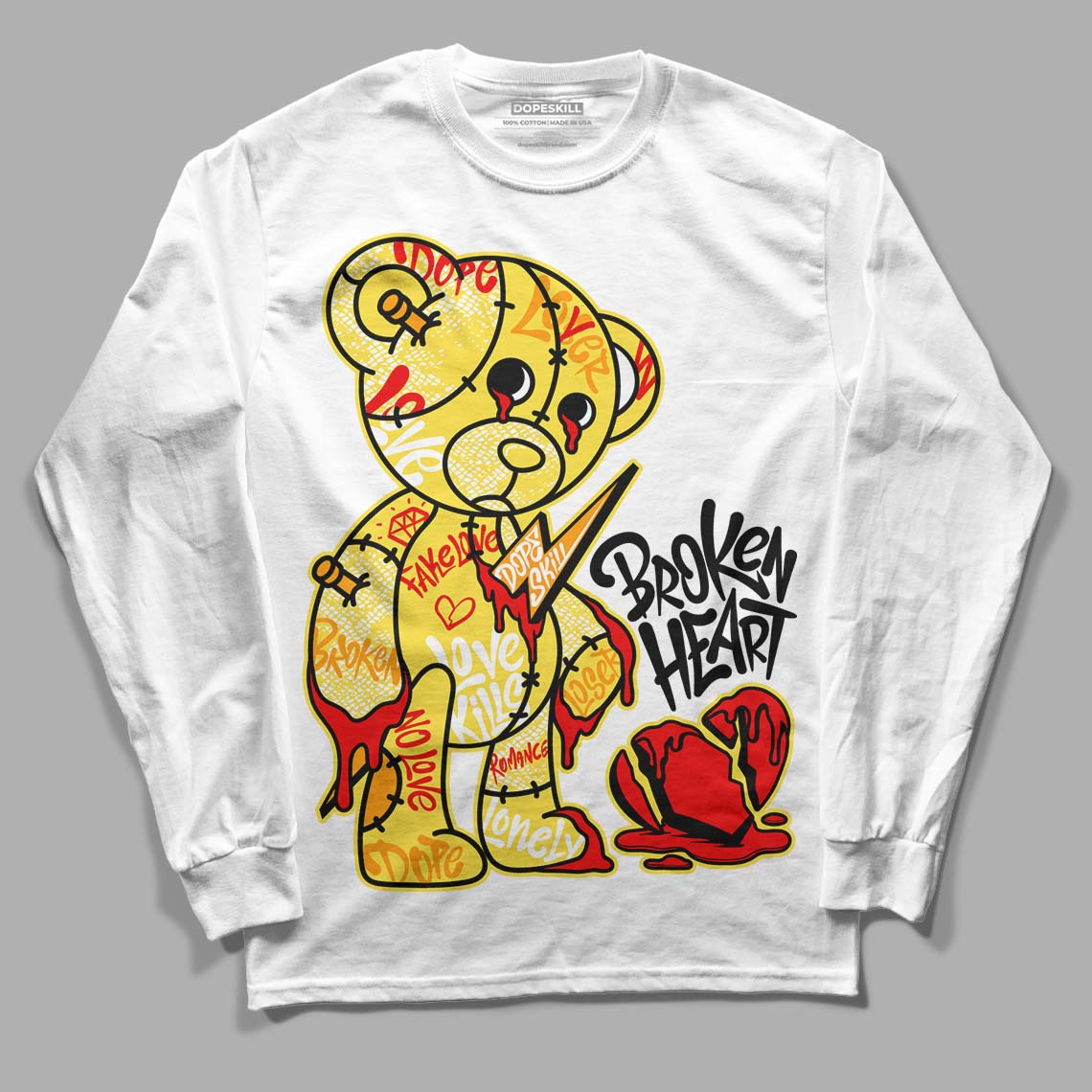 Yellow Snakeskin 11s DopeSkill Long Sleeve T-Shirt Broken Heart Graphic