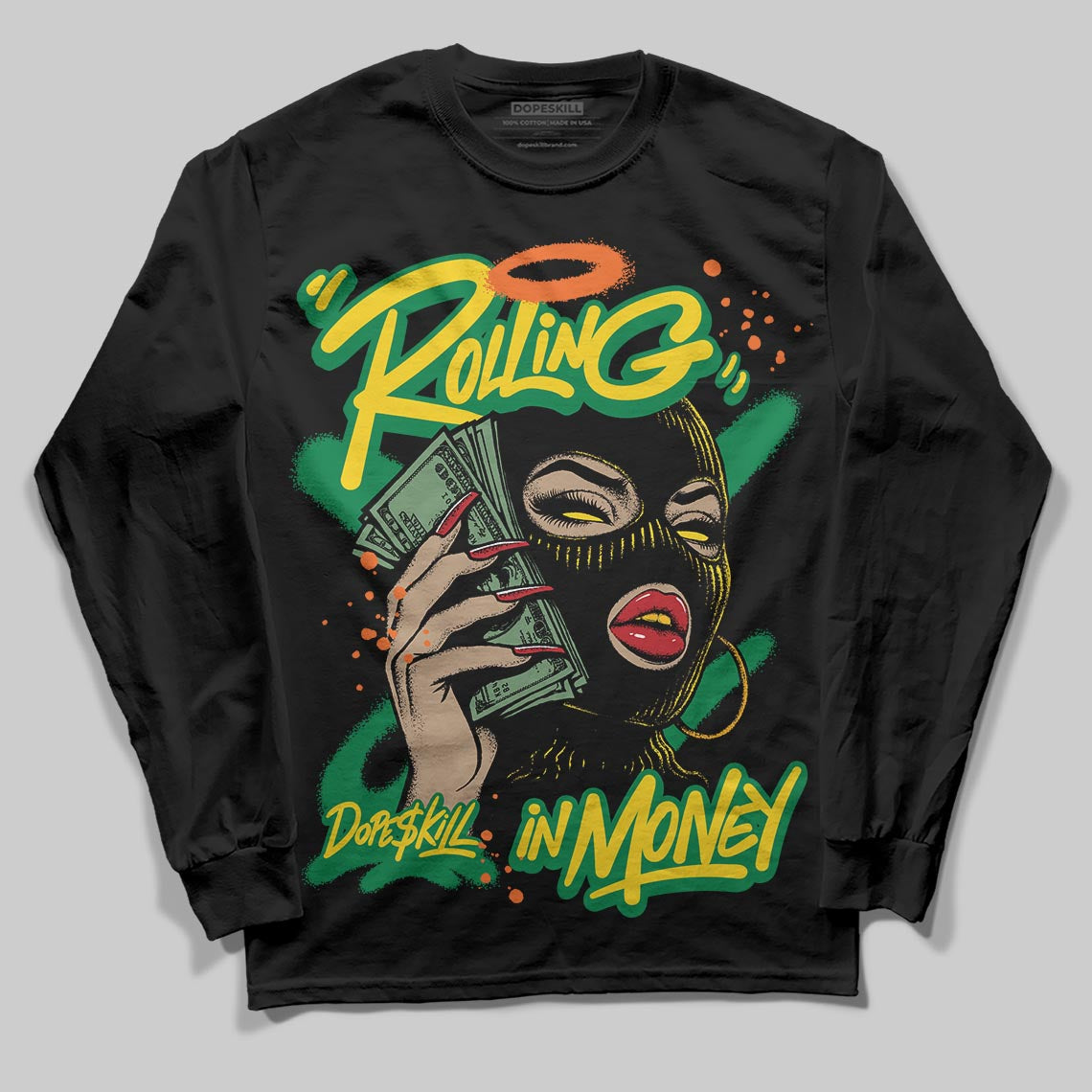 Green Collection DopeSkill Long Sleeve T-Shirt Rolling in Money Graphic