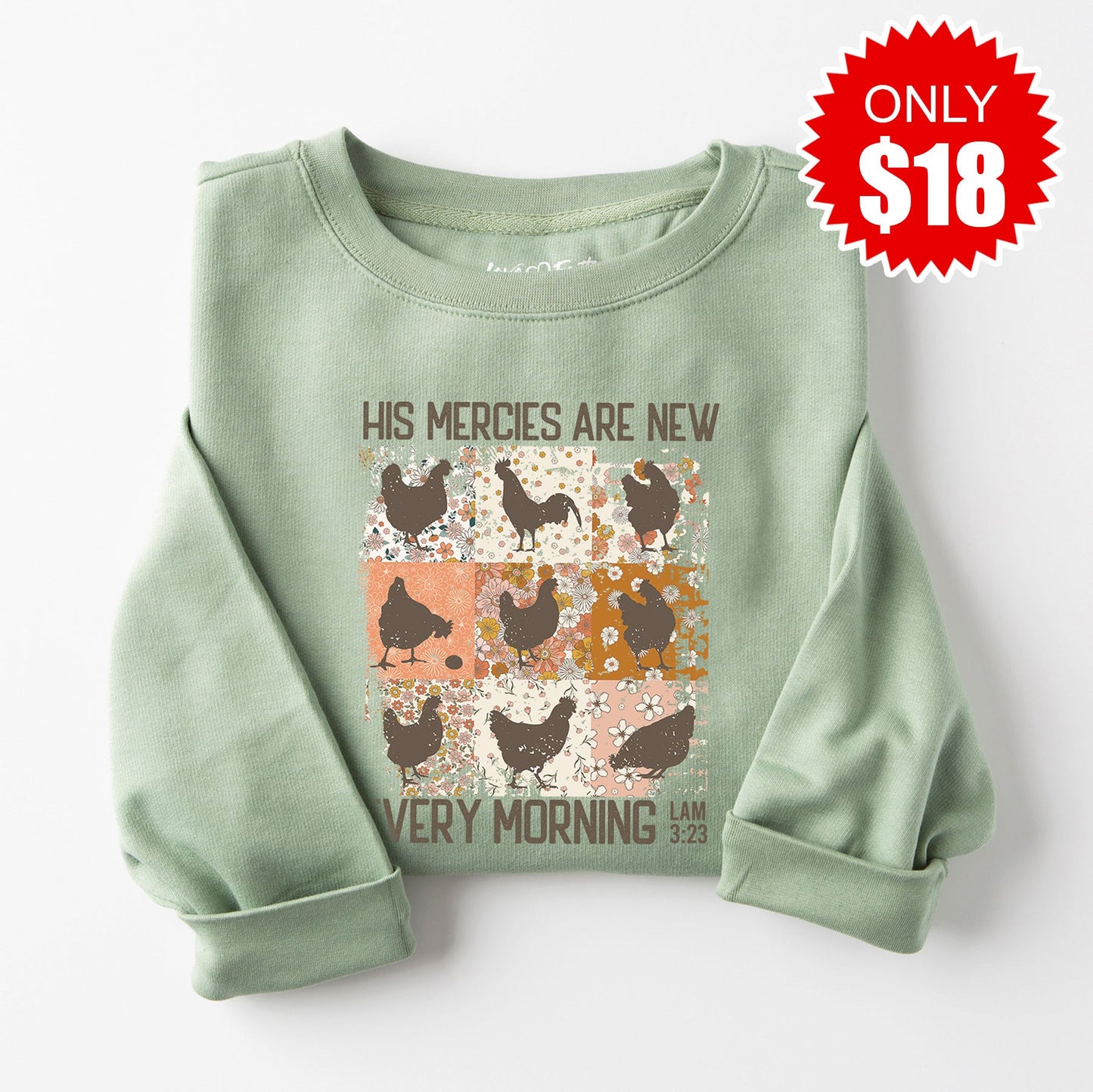 His Mercies Are New Rooster Crewneck Sweatshirt - Heather Sage