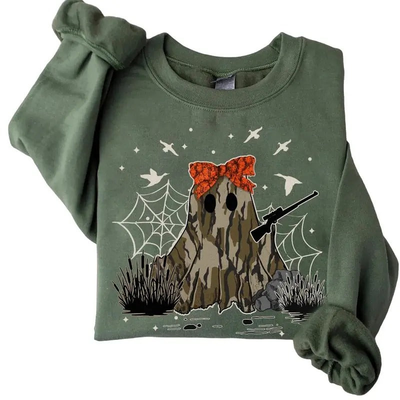 Halloween Camo Ghost Coquette Huntin Sweatshirt, Bow Coquette Sweatshirt, Old School Camo Sweatshirt, Halloween Spooky Season, Gift For Men and Women