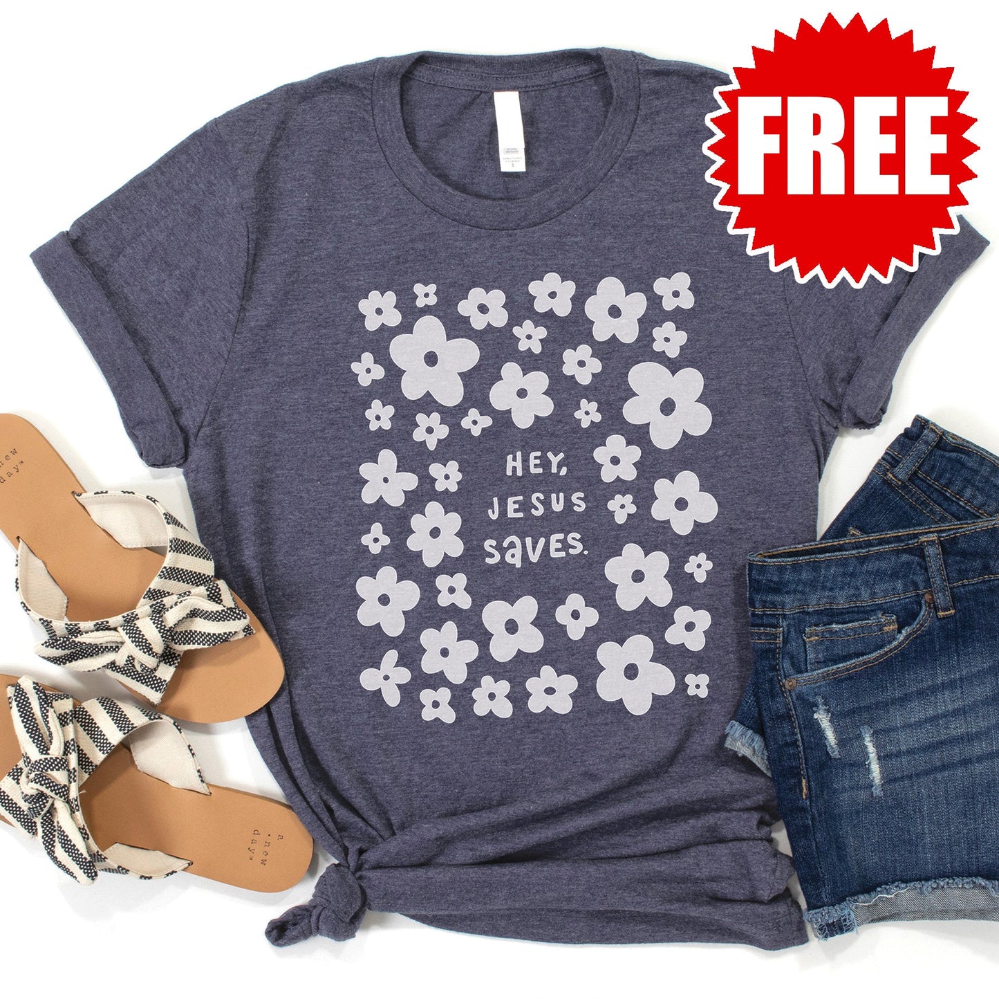 Hey, Jesus Saves Tee - Heather Blue Onyx - 0