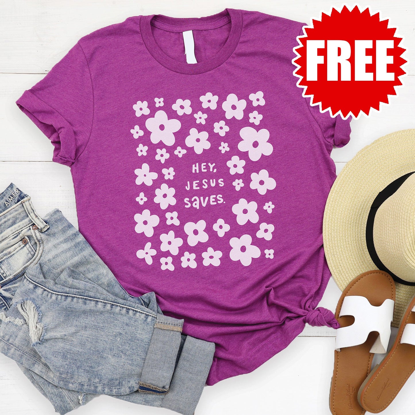 Hey, Jesus Saves Tee - Heather Dragonfruit - 0