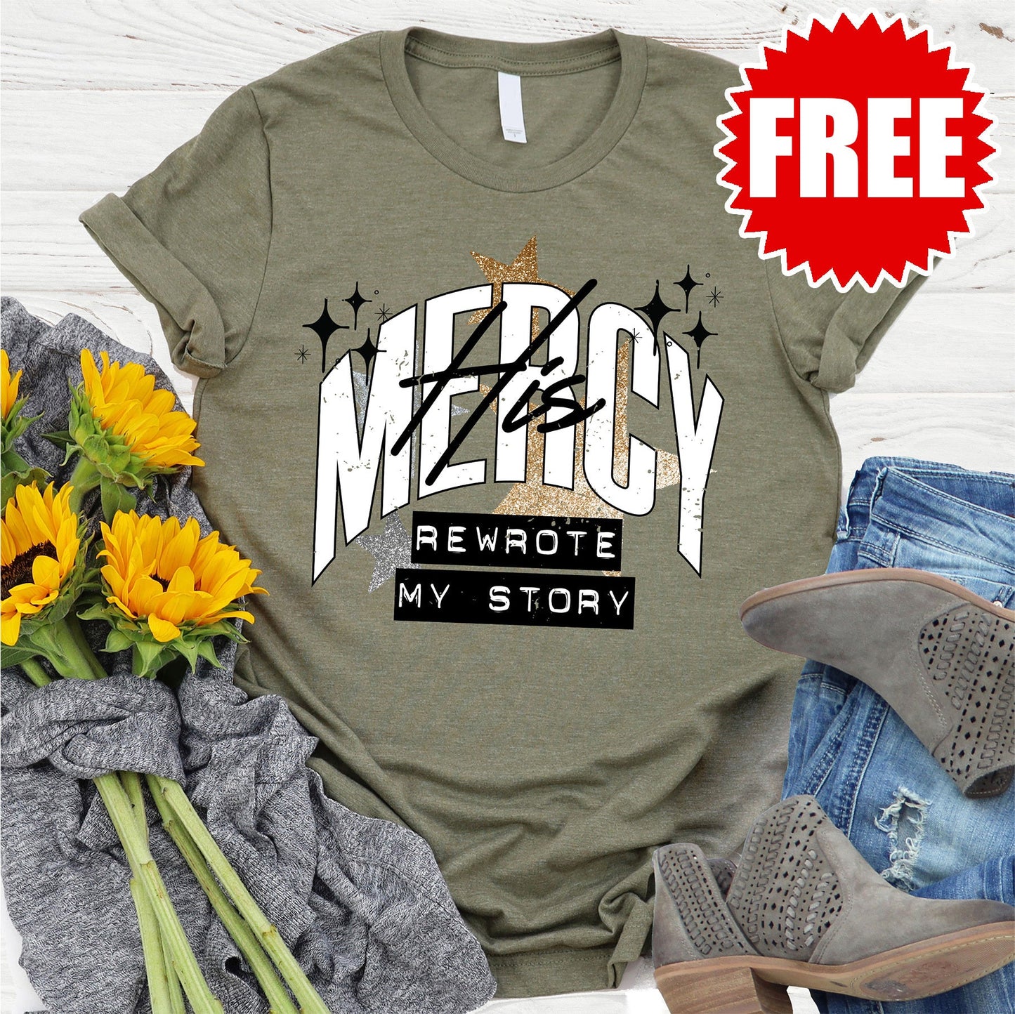 His Mercy Tee - Heather Olive - 0
