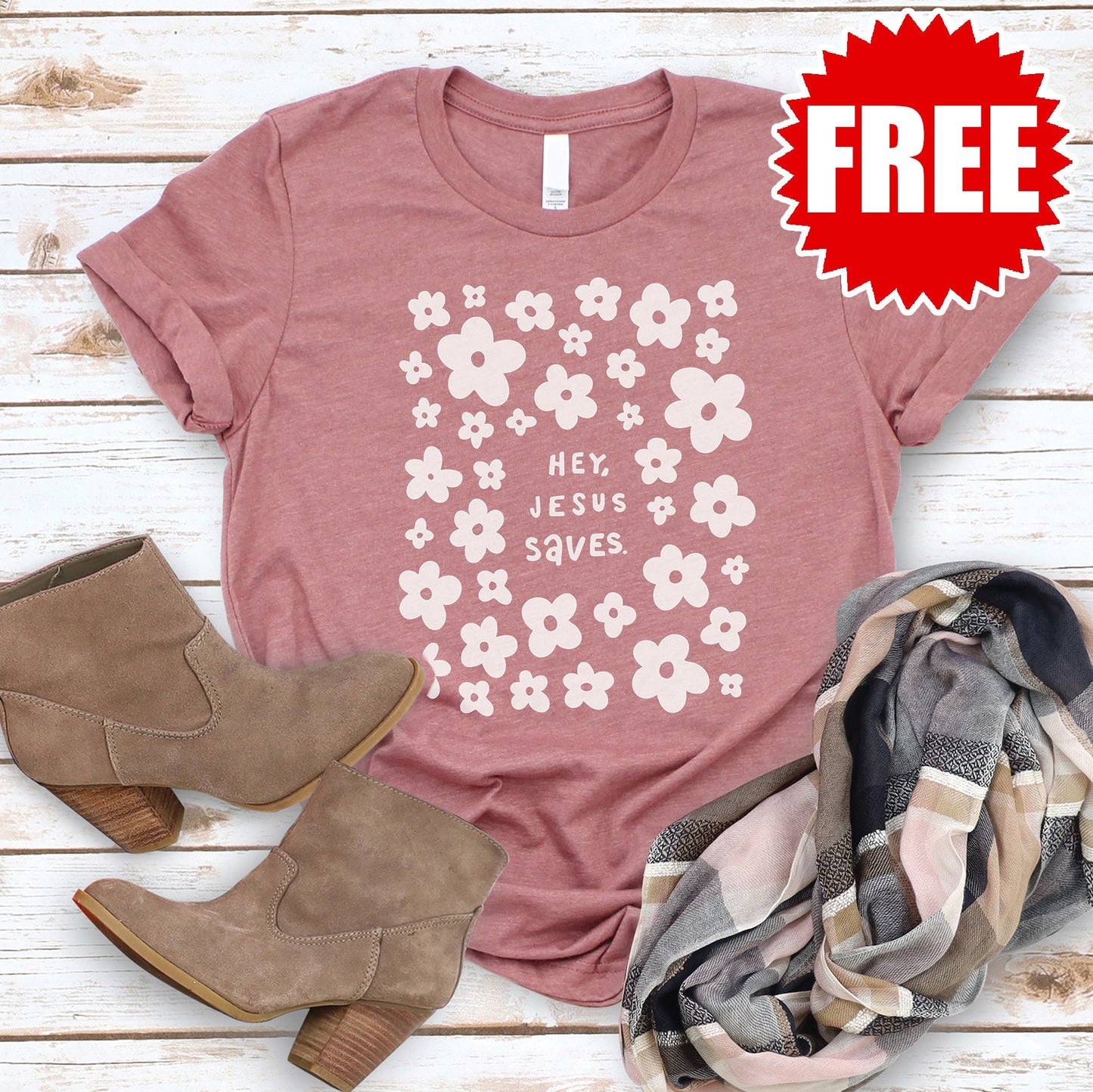 Hey, Jesus Saves Tee - Heather Mauve - 0