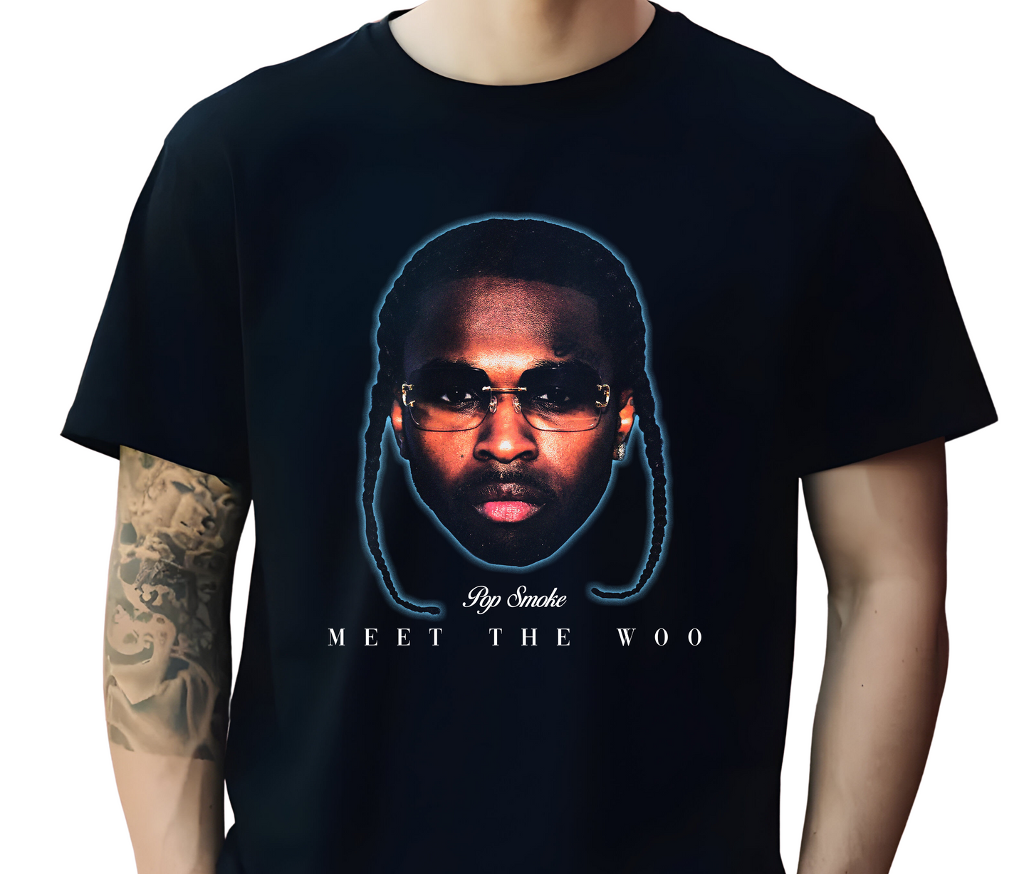 Pop Smoke Meet The Woo T-Shirt - Vintage Rapper Portrait Tee - Abstract Art Back - Brooklyn Drill Music Merch - Unisex Hip Hop Fan Shirt