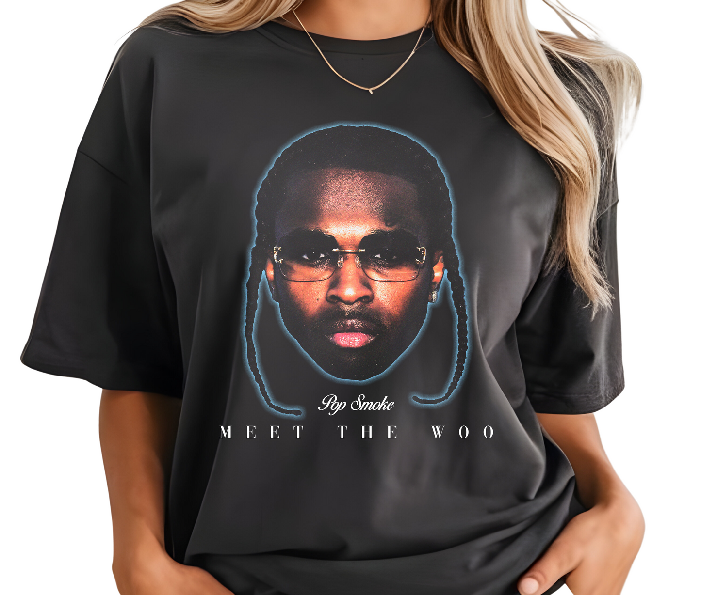 Pop Smoke Meet The Woo T-Shirt - Vintage Rapper Portrait Tee - Abstract Art Back - Brooklyn Drill Music Merch - Unisex Hip Hop Fan Shirt