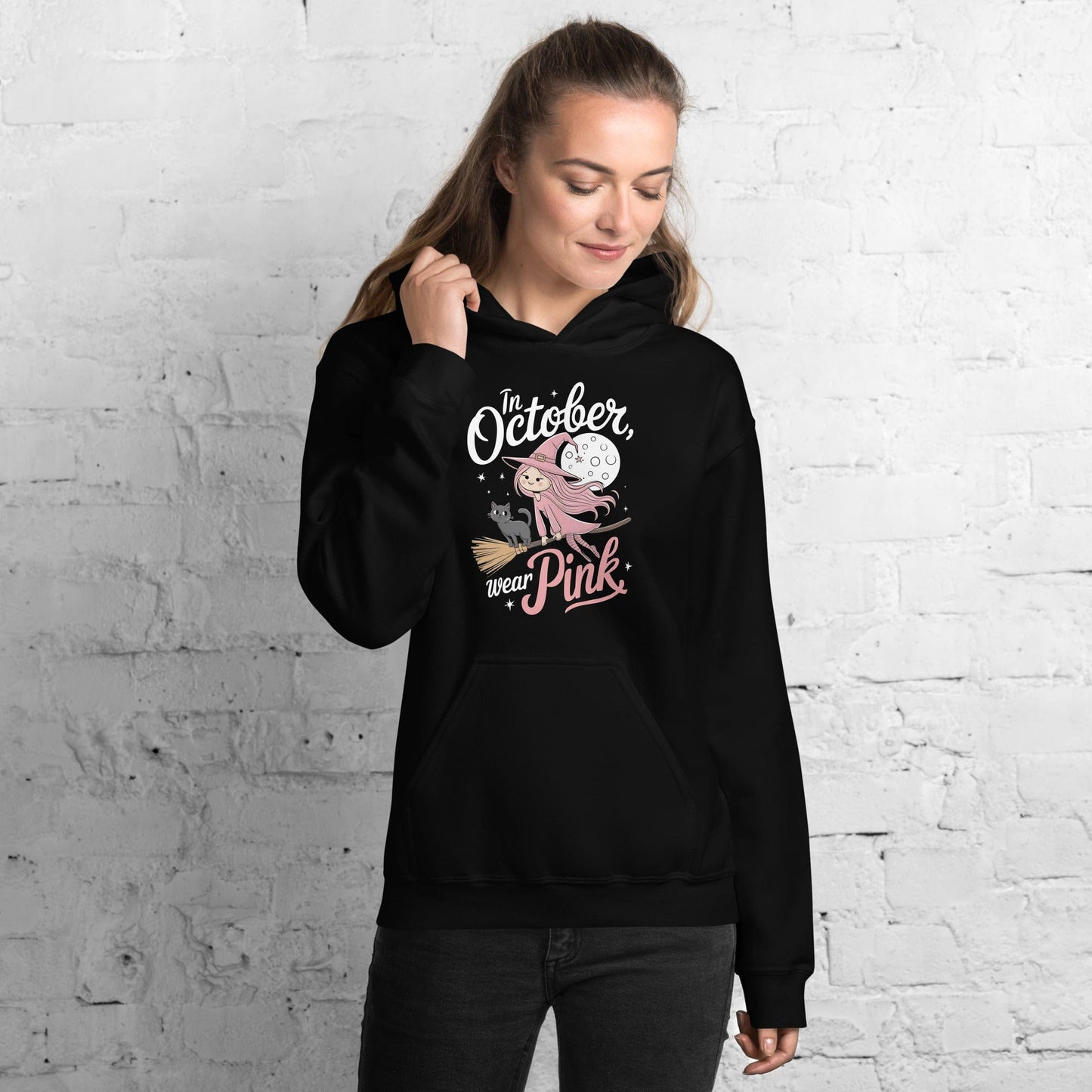 In October We Wear Pink Halloween Witch Unisex Pullover Hoodie
