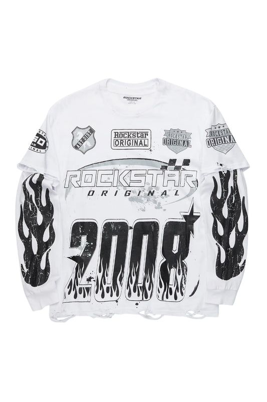 Amos White/Black Double Layer Long Sleeve Graphic T-Shirt