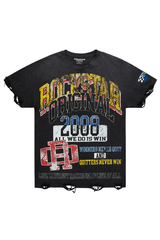Colorful Race Vintage Black Oversized Distressed Graphic T-Shirt