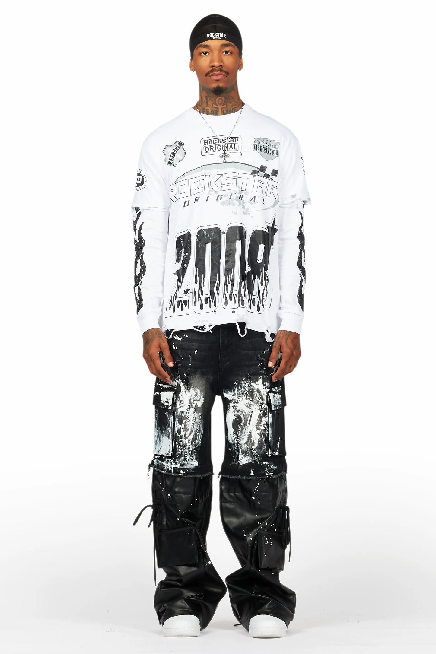 Amos White/Black Double Layer Long Sleeve Graphic T-Shirt