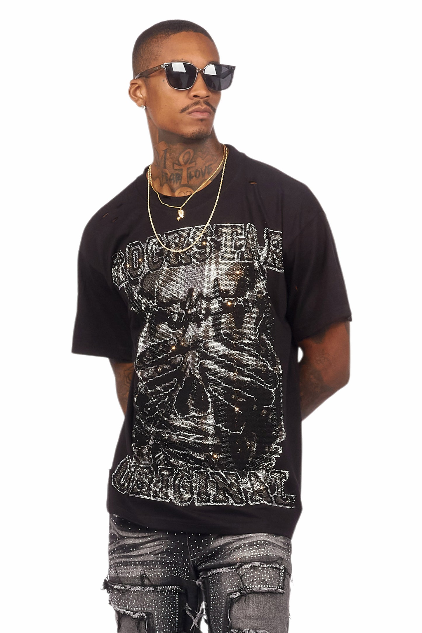 Aithan Black/Grey Graphic Rhinestone T-Shirt