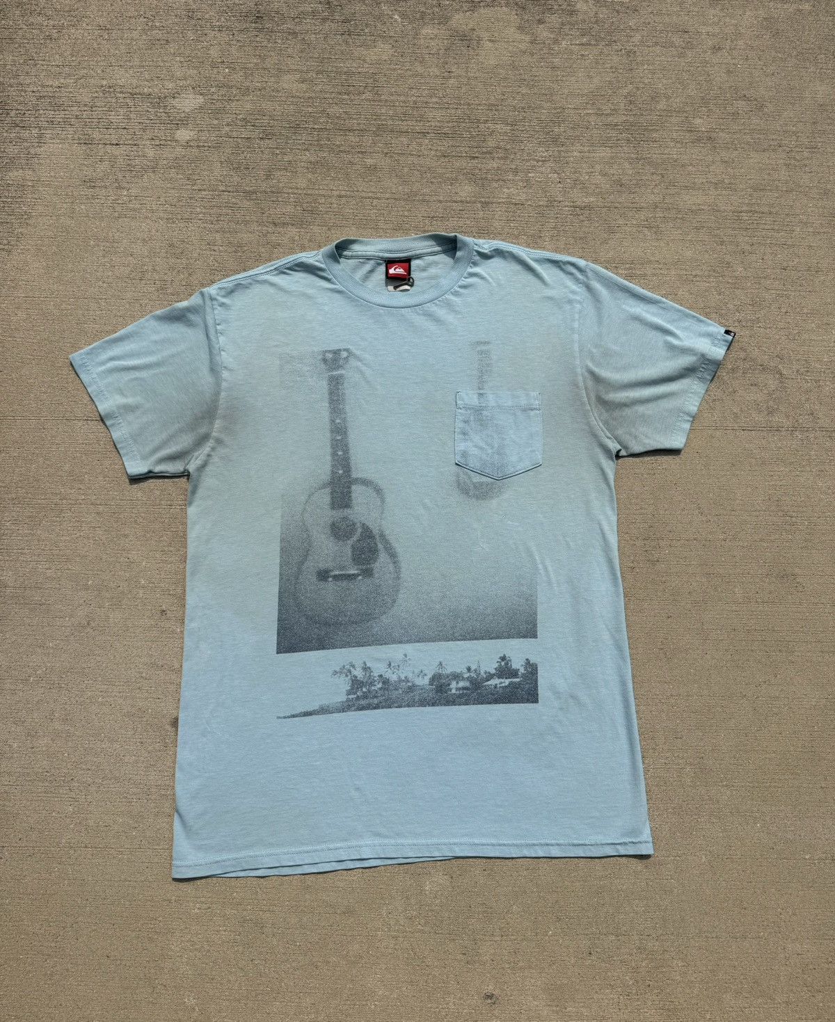 00s Vintage Quiksilver Pocket Tee Guitar And Landscape Y2k