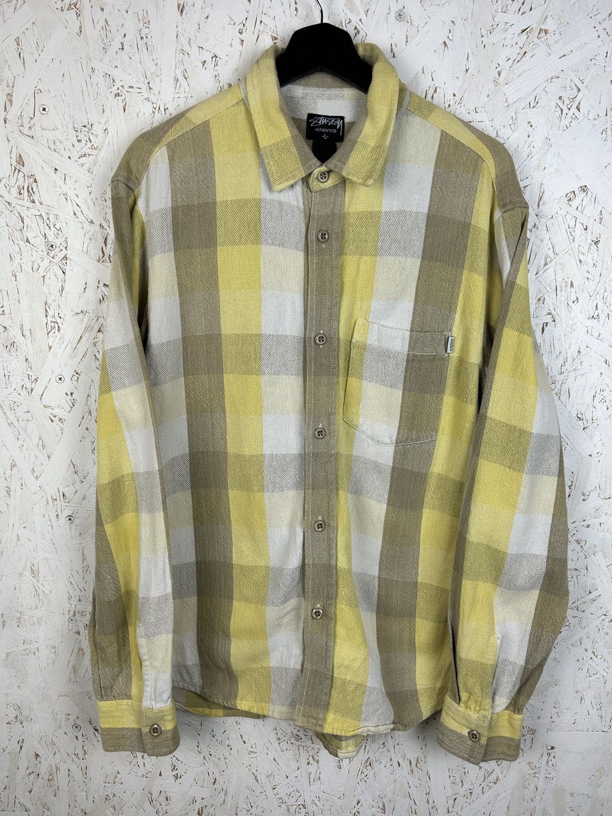 00s Vintage Stussy Checkered Plaid Flannel Y2k L S Shirt L