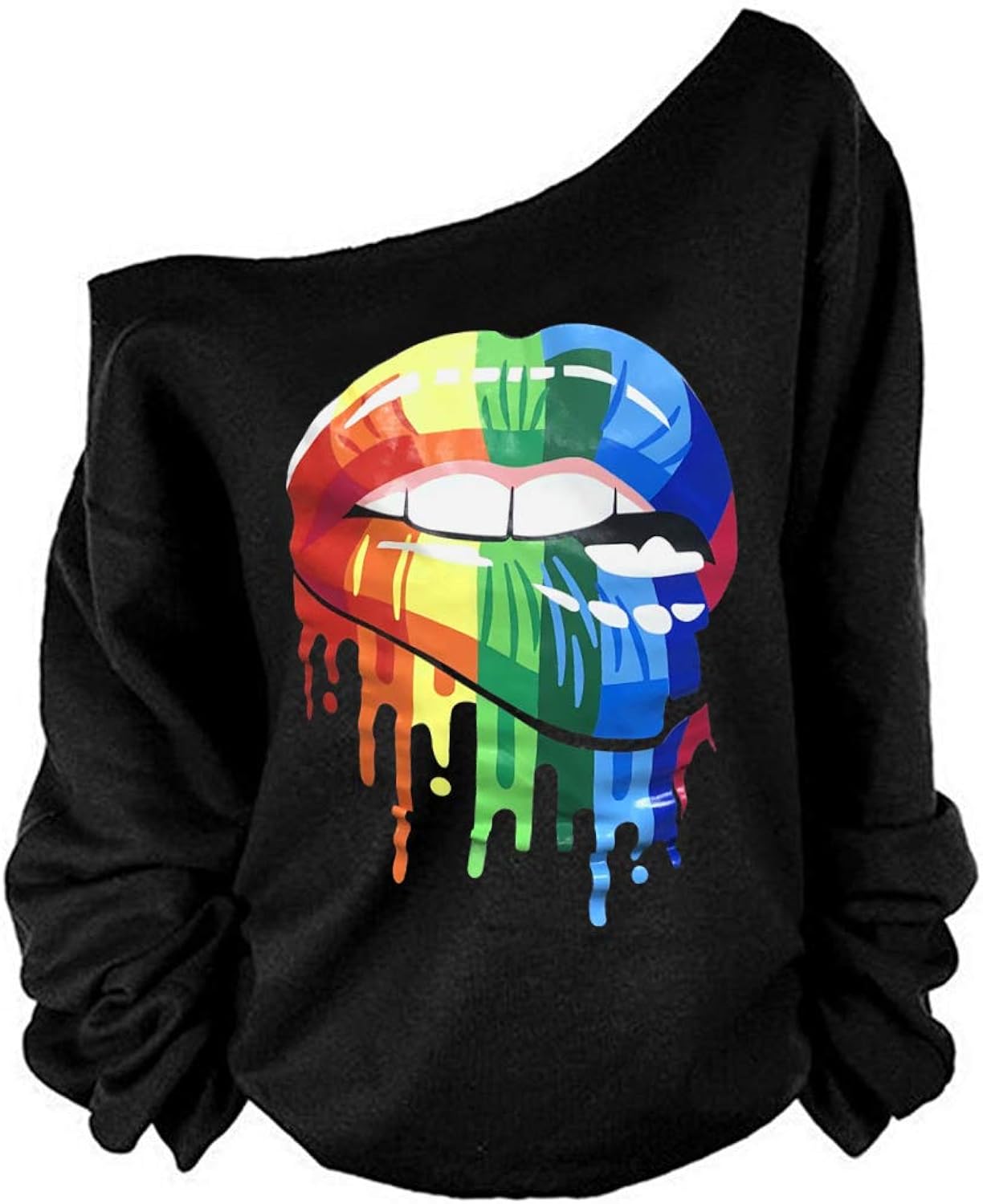 MAGICMK Woman’s Sweatershirt Lips Print Causal Blouse Off The Shoulder Long Sleeve Loose Slouchy Pullover Plus Size Tops