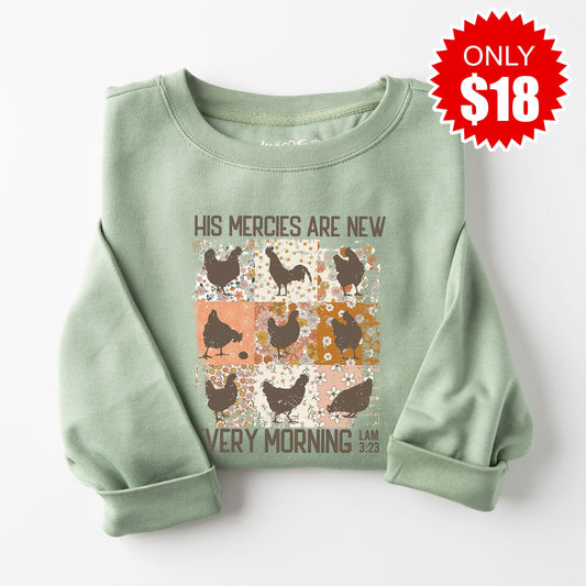 His Mercies Are New Rooster Crewneck Sweatshirt - Heather Sage