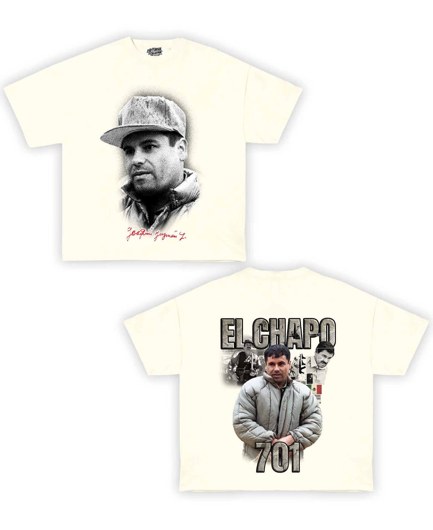EL Chapo Tribute Vintage Shirt: Front/Back (White)