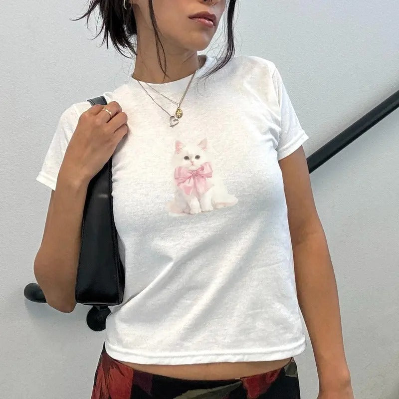 Coquette Cat Ribbon Bow Baby Tee - Trendy Y2K Clothing Aesthetic for Women - Cute and Bold Graphic T-shirt - Casual, Comfort Cotton Top