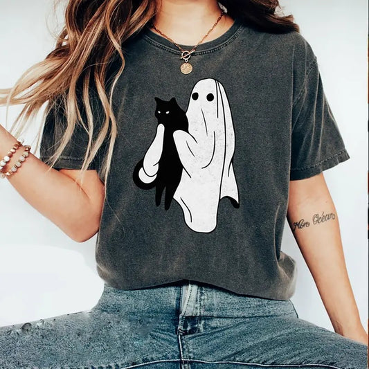 Ghost holding Black Cat Halloween T-shirt halloween gift for Cats Owner funny Halloween Shirt