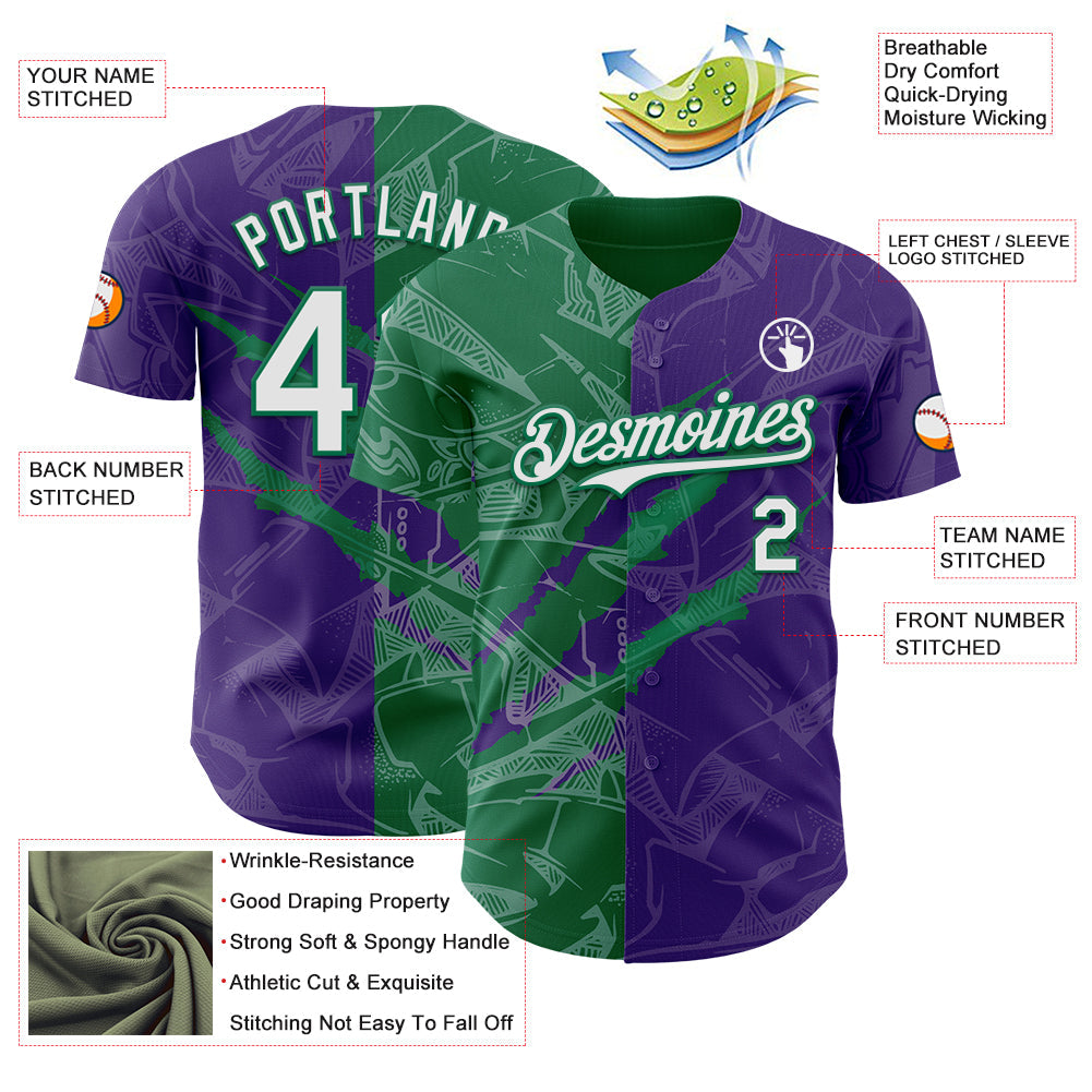 Custom Graffiti Pattern White Purple-Kelly Green 3D Scratch Authentic Baseball Jersey