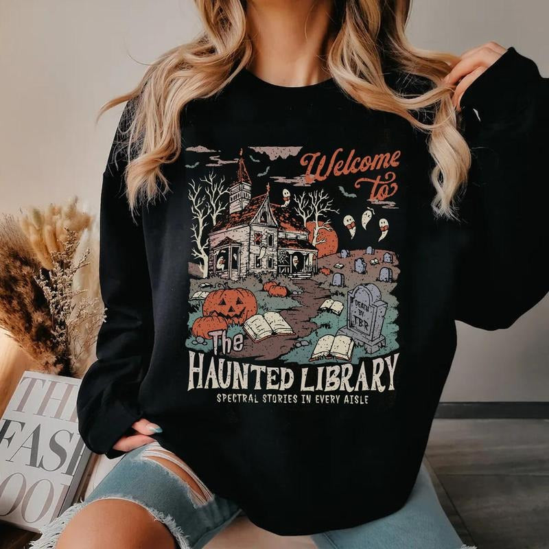 Halloween Library Sweatshirt, Book Lover Funny Halloween Librarian Graphic Shirt, Bookish Spooky Crewneck, Reading Ghost Shirt, Teacher Halloween, Pumpkin Fall Halloween Shirt, Pumpkin Season Sweatshirt,  Fall Halloween Gift Shirt