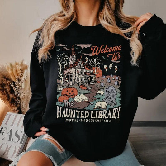 Halloween Library Sweatshirt, Book Lover Funny Halloween Librarian Graphic Shirt, Bookish Spooky Crewneck, Reading Ghost Shirt, Teacher Halloween, Pumpkin Fall Halloween Shirt, Pumpkin Season Sweatshirt,  Fall Halloween Gift Shirt