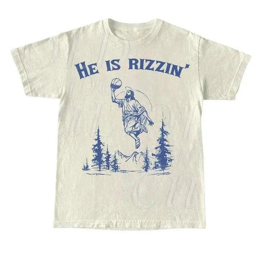 He Is Rizzin Vintage Graphic T-Shirt, Vintage Jesus Playing Basketball Adult Oversize T Shirt, Vintage 90s Funny T Shirt, Jesus Gifts, Womenswear Menswear Casual And Comfortable,Shortsleeve Crewneck Lady Comfort, Cotton Tshirt