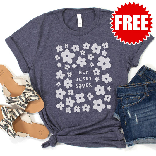 Hey, Jesus Saves Tee - Heather Blue Onyx - 0