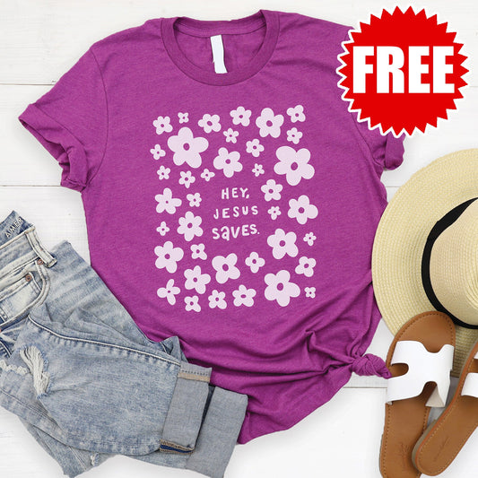 Hey, Jesus Saves Tee - Heather Dragonfruit - 0