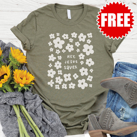 Hey, Jesus Saves Tee - Heather Olive - 0