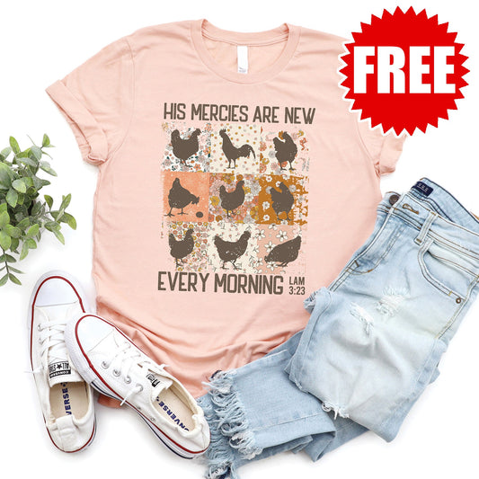 His Mercies Are New Rooster Tee - Heather Peach