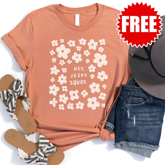 Hey, Jesus Saves Tee - Heather Terracotta - 0