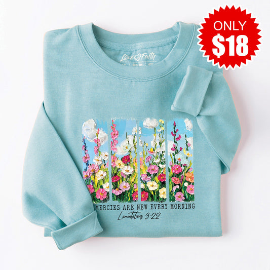 His Mercies are New Sweatshirt - Heather Lagoon - 18