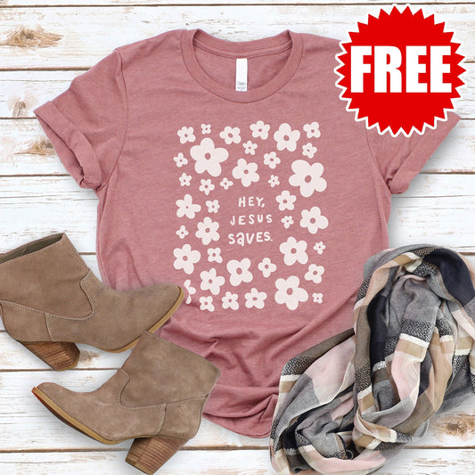 Hey, Jesus Saves Tee - Heather Mauve - 0