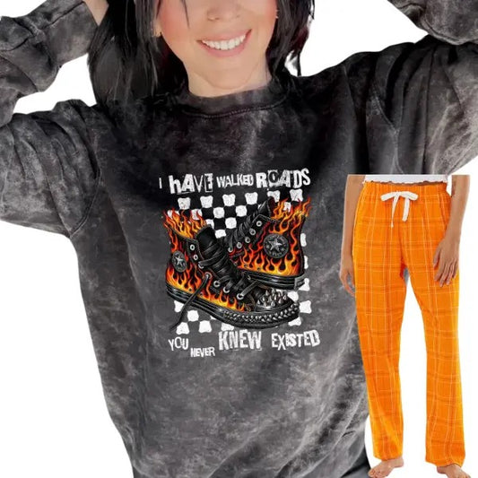 I Have Walked Roads You Never Knew Existed Mineral Wash TShirt, Sweatshirt, or Hoodie & Long Pajama Pants - Unisex Cotton Sleepwear, Loungewear
