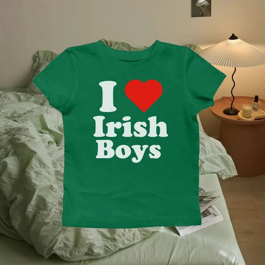 I Love Irish Boys St Paddys Baby Tee, St Patricks Day Shirt, 90s Style Tee, St. Patrick's Day T-shirt, Women's Fitted Top