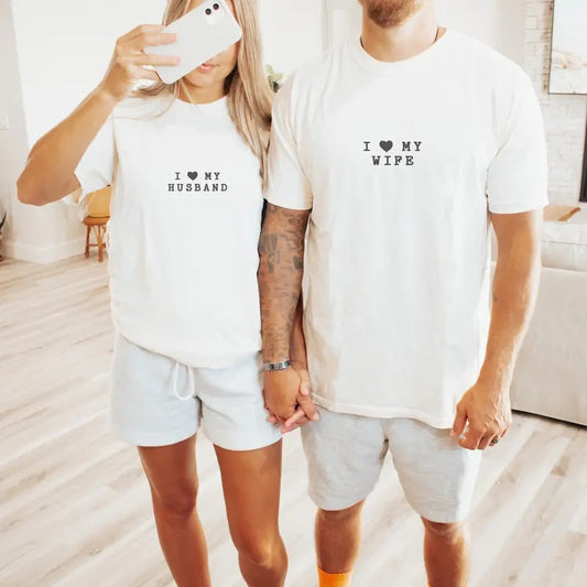 I Love My Wife Husband Custom Honeymoon Gift for Couple Unisex Shirt, Personalized Matching Couple Shirt Valentines Gift