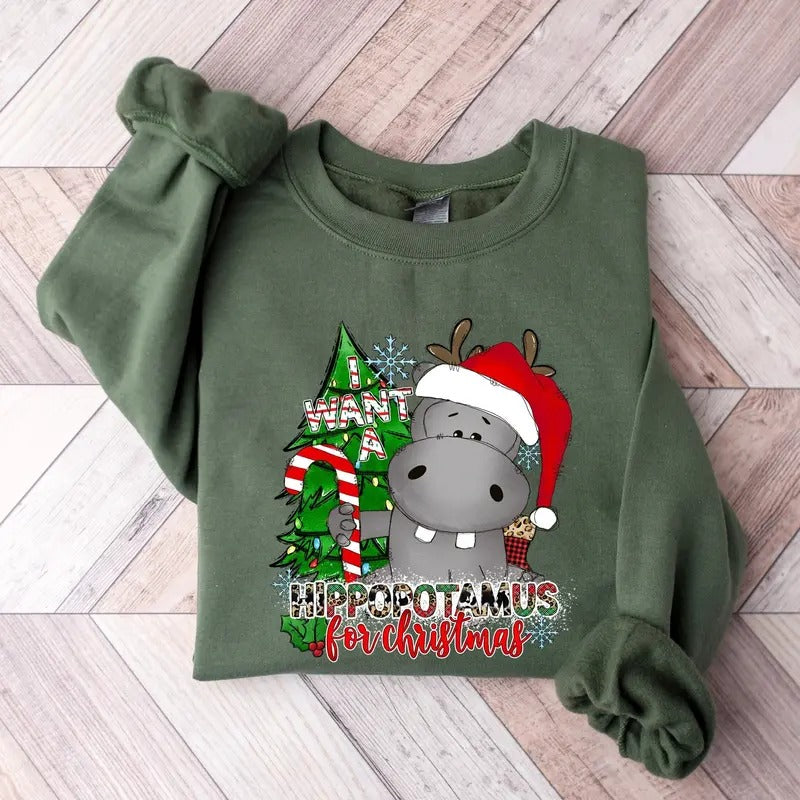 I Want a Hippopotamus for Christmas Shirt, Hippo Shirt, Christmas Hippo Shirt, Christmas Hippo Sweatshirt, Hippo Family Matching Shirt Cotton Crewneck