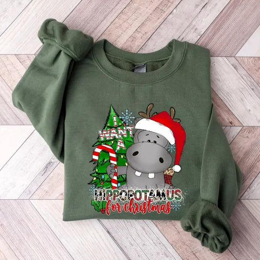I Want a Hippopotamus for Christmas Shirt, Hippo Shirt, Christmas Hippo Shirt, Christmas Hippo Sweatshirt, Hippo Family Matching Shirt Cotton Crewneck