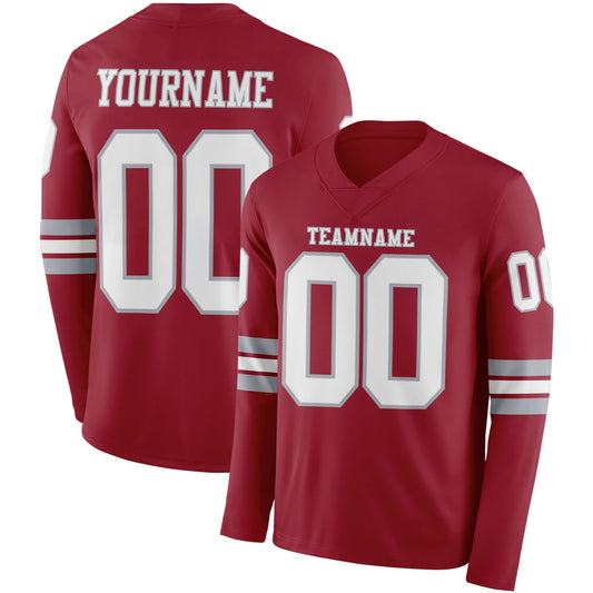 Custom Cardinal White-Gray Long Sleeve Authentic Football Jersey