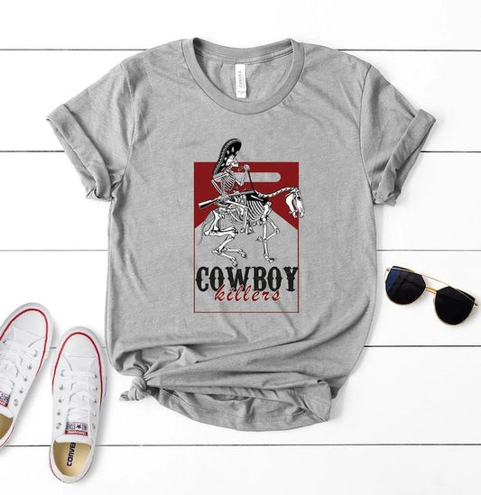 Marlboro Cowboy Killer Graphic Tee - Grey Cotton T-Shirt with Red and Black Design Featuring Cowboy Theme, Casual Men's Wear