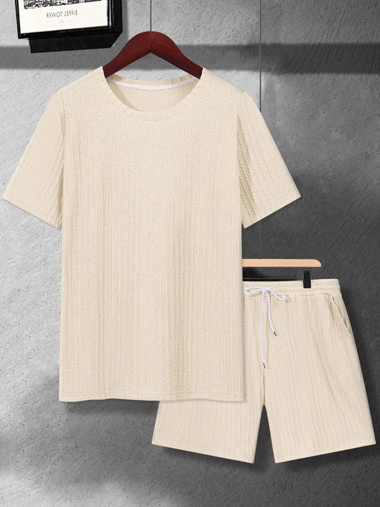 Men's Solid   Short Sleeve Tee & Drawstring Waist Shorts Set, Regular Fit Casual Round Neck T-shirt & Pocket Shorts, Men's Summer Clothes