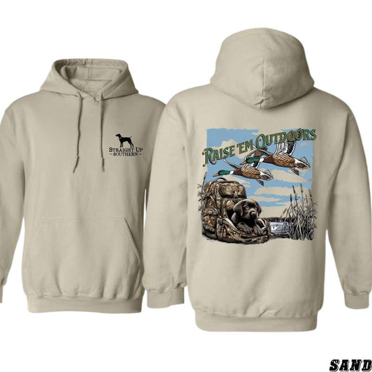 Raise 'Em Outdoors Hoodie - Classic Hunting Design Featuring Loyal Dog and Ducks in Flight, camo country hoodies, country boy clothing, Perfect for Outdoor Enthusiasts and Hunters, Unisex Hoodie for Comfort and Style Menswear Sweaters Tops Underwear
