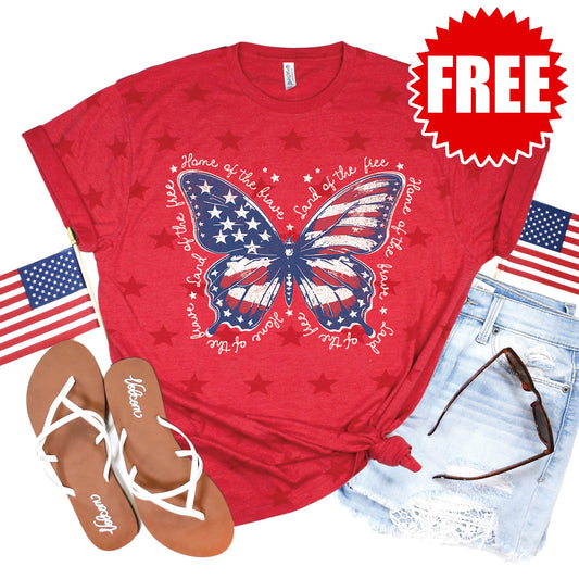 Home of the Free Butterfly Tee - Red Star Print - 0