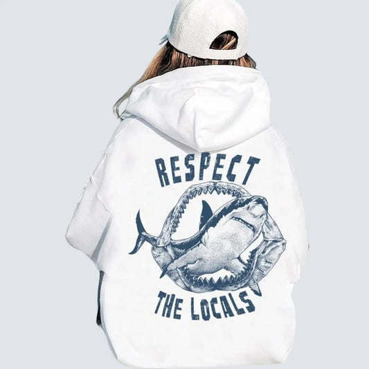 Respect the Locals Hoodie Shark Graphic Hoodie Aesthetic Shirt Words on Back Beach Tee Oversized Surf Shirt Preppy Summer Clothes