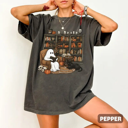 Retro Ghost Reading Books Comfort Colors Shirt, Librarian Ghost Halloween Shirt, Halloween Teacher Shirt, Ghost Halloween Shirt, Ghost T-Shirt, Teacher Halloween Gift Shirt, Full Color, For Men, For Women, Casual, Classic Fashion, Tee Print