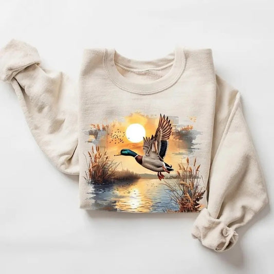 Retro Mallard Ducks Fall Pond Scene Sweatshirt, 90s Waterfowl Duck Forest Nature , Boho Unisex Funny Duck Sweater Pullover Cotton Menswear