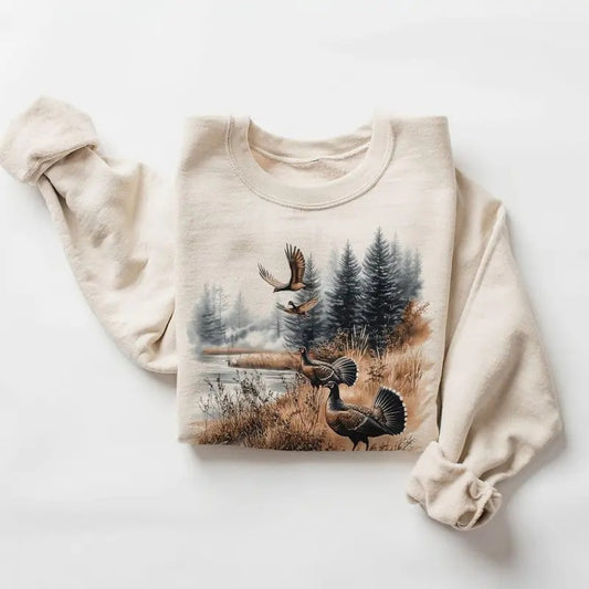 Retro Turkeys Wilderness Pond Fall Sweatshirt - 90s Vintage Wild Game Birds - Boho Unisex Hoodie Tshirt Cotton Menswear