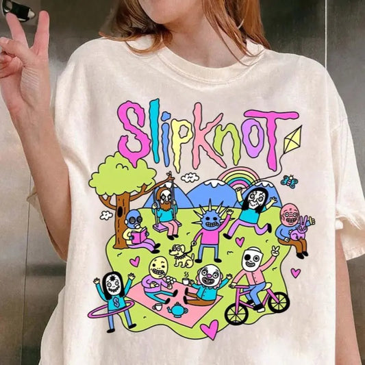 Slipknot Happy Times Playing Together T-shirt - Metal Band Shirt Cotton Graphic Tee Gift, Double Sided Graphic Printed - Classic Cotton Short Sleeve Top for Men - Man Menswear Underwear Tshirt